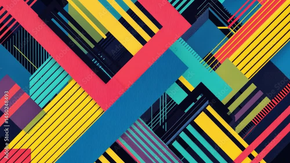 Poster vibrant geometric patterns with bold colors create dynamic visual experience, showcasing modern desi