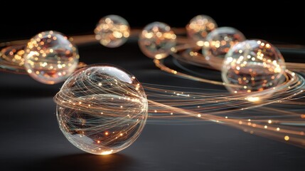 Illuminated Glass Spheres Connected by Light Trails Abstract Network Concept