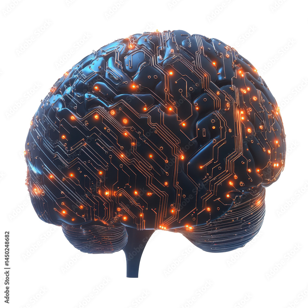 Poster a cybernetic human brain with glowing circuits and data streams. isolated on white background