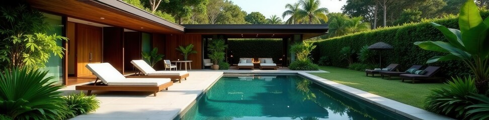 Luxurious villa backyard oasis with pool and lush greenery, villa, modern