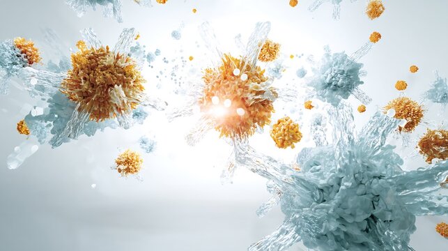 Futuristic artistic representation of autoimmunity showing immune cell attacking body's own tissue visualized glowing immune cell misfiring digital environment minimalist style white background no