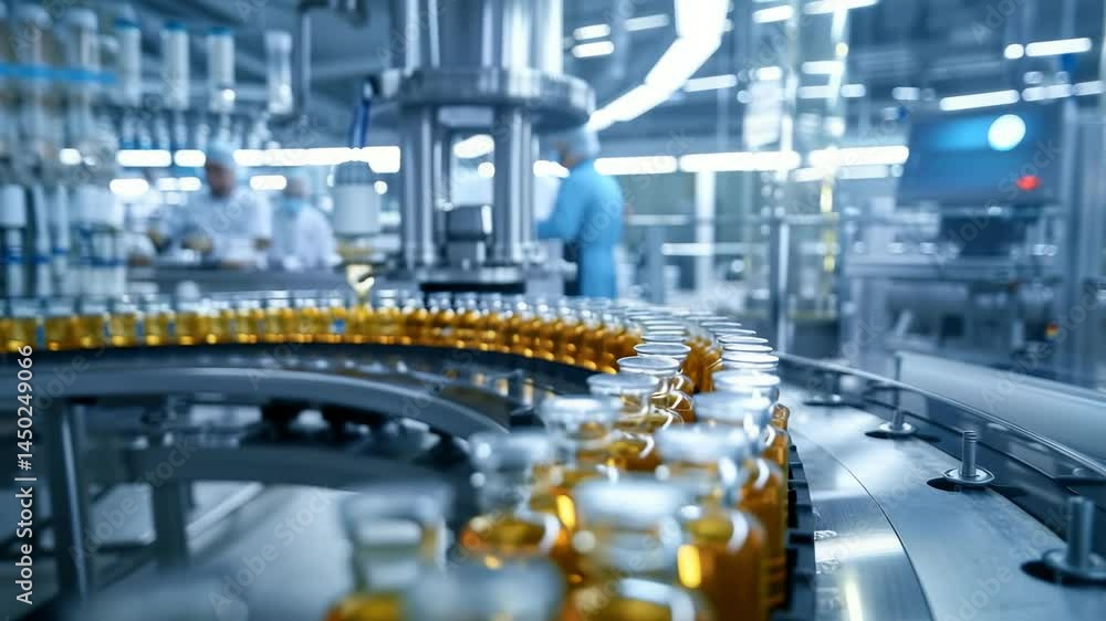 Poster automated manufacturing line showcases rows of sealed glass vials filled with amber-colored liquid. 