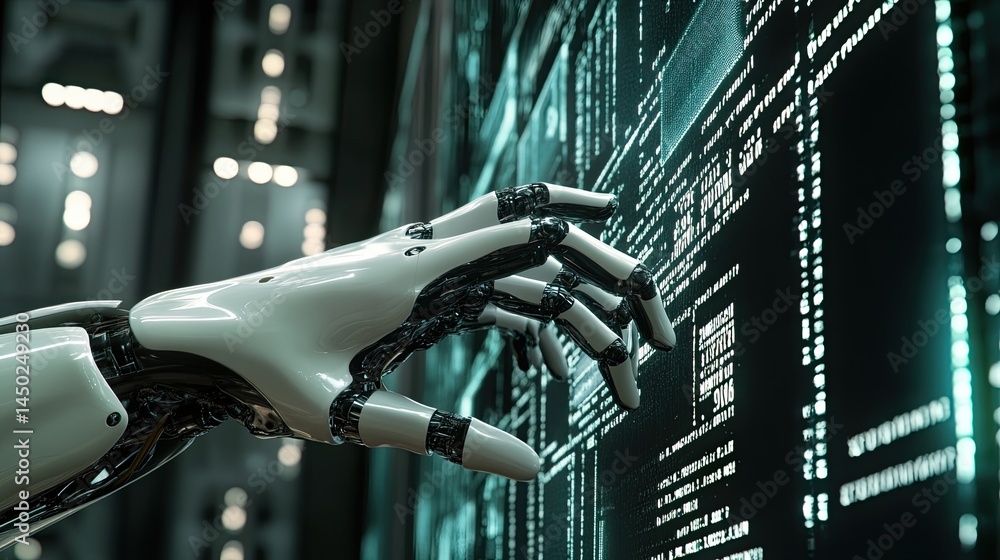 Poster robotic hand interacting with complex digital data, futuristic technology