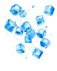 Frozen flying ice cubes and water splash scene isolated PNG