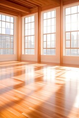 Sunbeams illuminate a spacious room with large windows and gleaming hardwood floors
