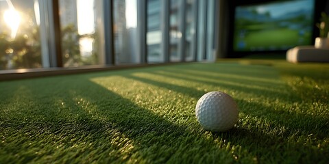 Golf ball rests on artificial turf in an indoor simulator, sunlight casting shadows. Blurred screen displays a virtual course in the background, with clean composition.  