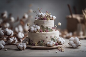 Rustic two-tiered cake with cotton and wildflowers on a wooden table.
