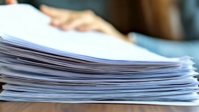 Close-up on hands flipping through a large stack of plain white papers on a wooden desk, representing workload and documentation
