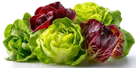 Fresh lettuce varieties like red leaf and butter lettuce are arranged on white background. Bright lighting highlights vibrant colors and textures.