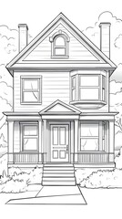 Two-story house with gabled roof, bay window, porch, and symmetrical facade