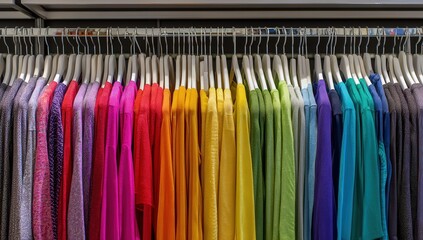 Colorful clothing rack with vibrant, neatly arranged garments for a bright and organized display.