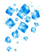 Dynamic splash of water with floating ice cubes, isolated transparent PNG