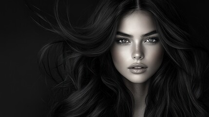 Fototapeta premium Woman with long dark hair and light skin against a dark background.