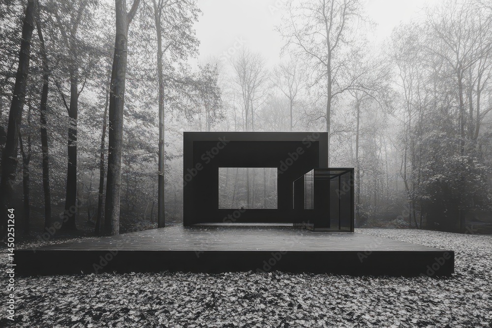 Poster modern minimalist structure in a misty forest setting.