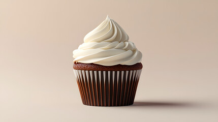 A single chocolate cupcake with a tall swirl of white frosting sits in a brown and white striped paper liner against a light brown background.