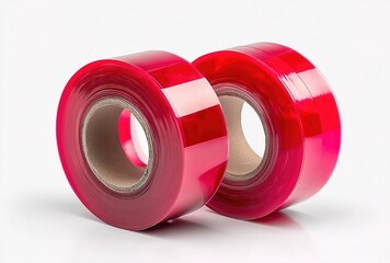 Two bright red transparent adhesive tape rolls on a white background.