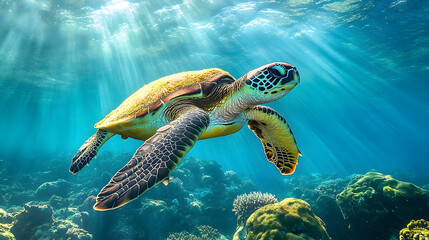 Obraz premium Underwater shot of a sea turtle swimming in vibrant coral reefs.