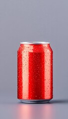 A chilled red aluminum can, condensation visible, stands on a gray surface