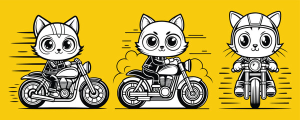 Fototapeta premium Cute cartoon cat riding motorcycle, biker kitten line art illustration on a yellow background