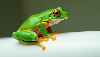 Obraz premium Green tree frog perched on white, vibrant skin, herpetology, pet, wildlife