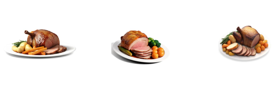 A set of Sunday roast, cut-out with a transparent background, highlighting roasted meat, vegetables, and rich textures, perfect for family meal or food-related designs.