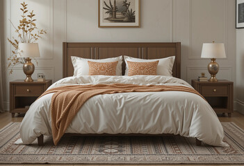 A bed with a white comforter and orange throw blanket