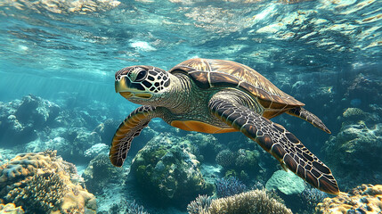 Submerged sea turtle amidst vibrant coral reefs.