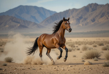 Obraz premium A brown horse is running through a desert with mountains in the background