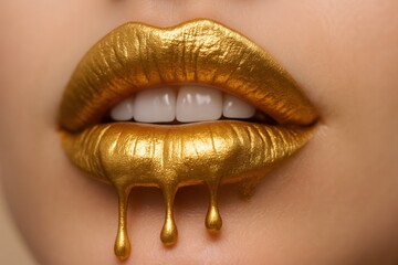 Close-up of woman's lips coated in dripping golden liquid makeup, concept of luxury, beauty, and artistry, creating a bold and glamorous impression.