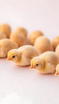 A line of fluffy yellow chicks, some with their eyes closed, sit against a white background