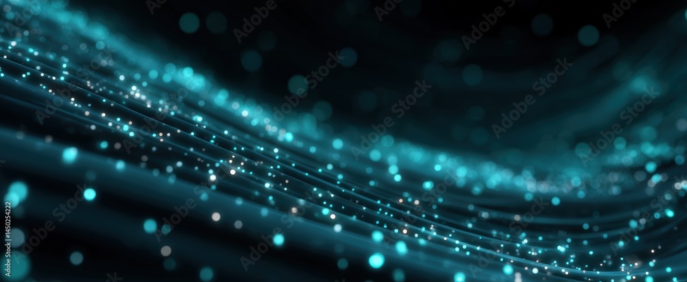 Poster abstract glowing teal lines and dots flow across a dark background, creating a futuristic, digital w