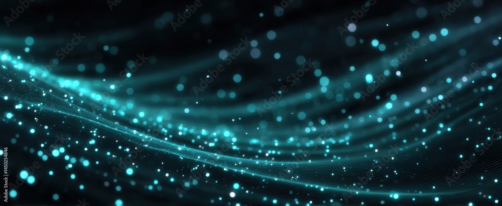 Poster glowing blue dots and wave-like lines create a dynamic, futuristic abstract background on a dark bac