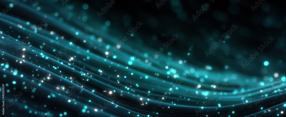 Poster flowing teal light trails and glowing particles on a dark background, creating a futuristic and abst