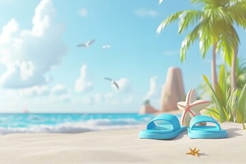 Fototapeta premium Blue beach sandals on a sandy beach, with a starfish and palm trees in the background. Sunny day, light blue water