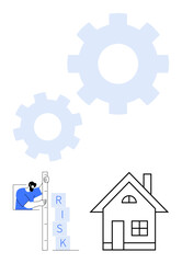 Large gears, house sketch, person measuring risk blocks. Ideal for risk management, planning, process improvement, construction overview, project assessment, team strategy simple landing page