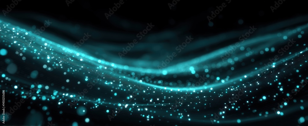 Aufkleber glowing blue particles form flowing digital waves on a dark background, creating an abstract, futuri