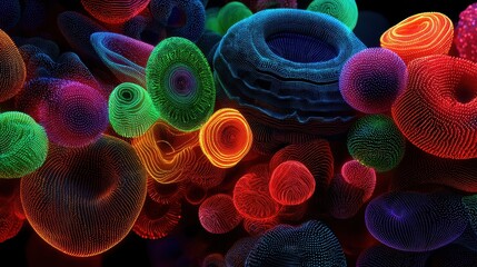 Abstract Colorful 3D Render of Illuminated Glowing Spheres and Rings