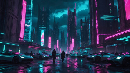 Cyberpunk streets illustration, futuristic city, dystoptic artwork at night, 4k wallpaper