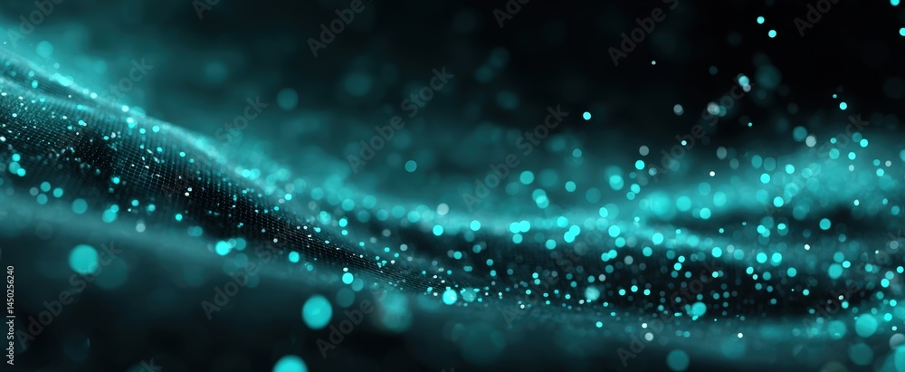 Poster abstract glowing turquoise particles create a flowing digital wave, evoking a sense of futuristic te