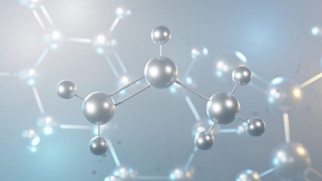 propene molecular structure, 3d model molecule, propane structural chemical formula view from a microscope