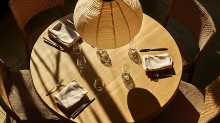 Warm, sunlit dining table setting in a modern restaurant.