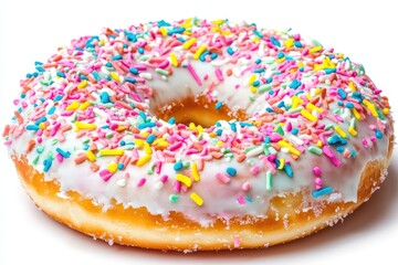 Colorful frosted donut with sprinkles on a white background, perfect for dessert displays