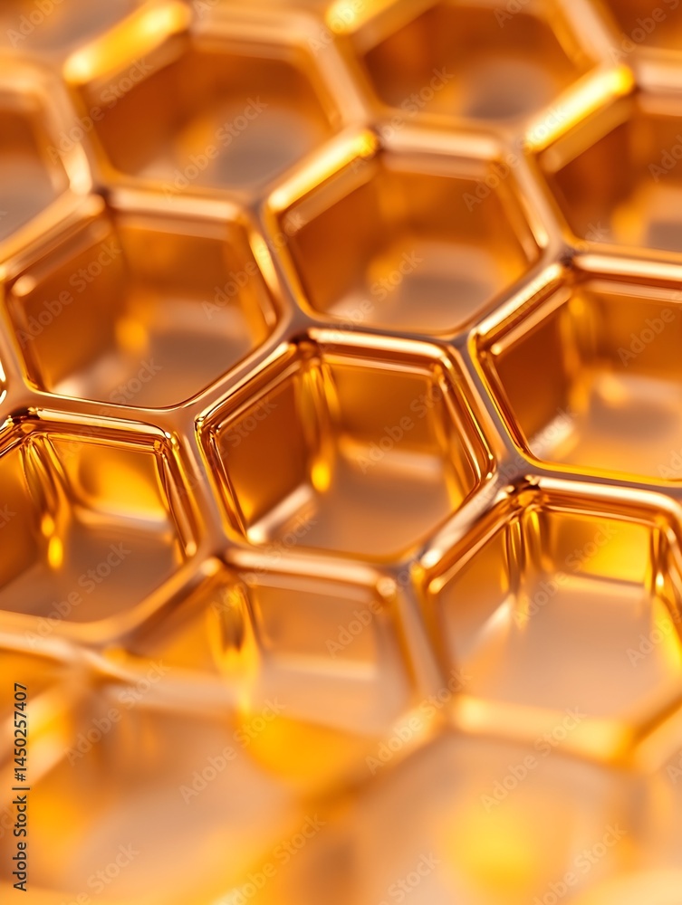Poster close-up of a golden, hexagonal grid pattern, resembling a honeycomb structure with a shiny, metalli