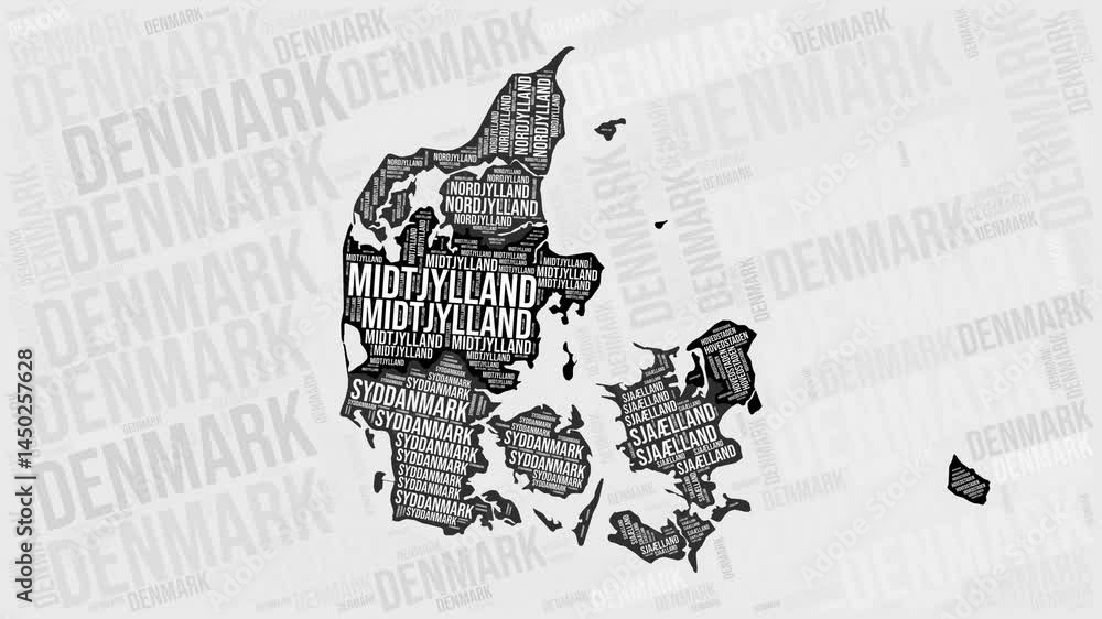 Aufkleber denmark animation. visual effect of denmark regions appearing in black and white word clouds style. 