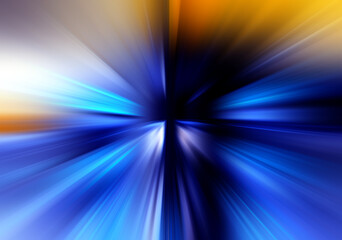 Abstract surface of radial blur zoom with dynamic blue and orange light beams converging to center....