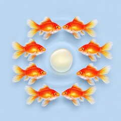 Naklejka premium Eight Orange Goldfish Circle Light Blue Background