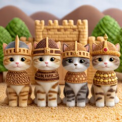 Four Kittens in Medieval Armor and Crowns Before a Miniature Castle