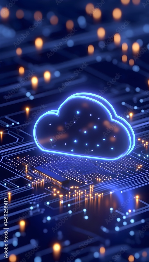 Poster glowing cloud icon rests on a circuit board, symbolizing cloud computing and digital infrastructure