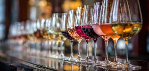 Variety of wine glasses filled with different colored wines