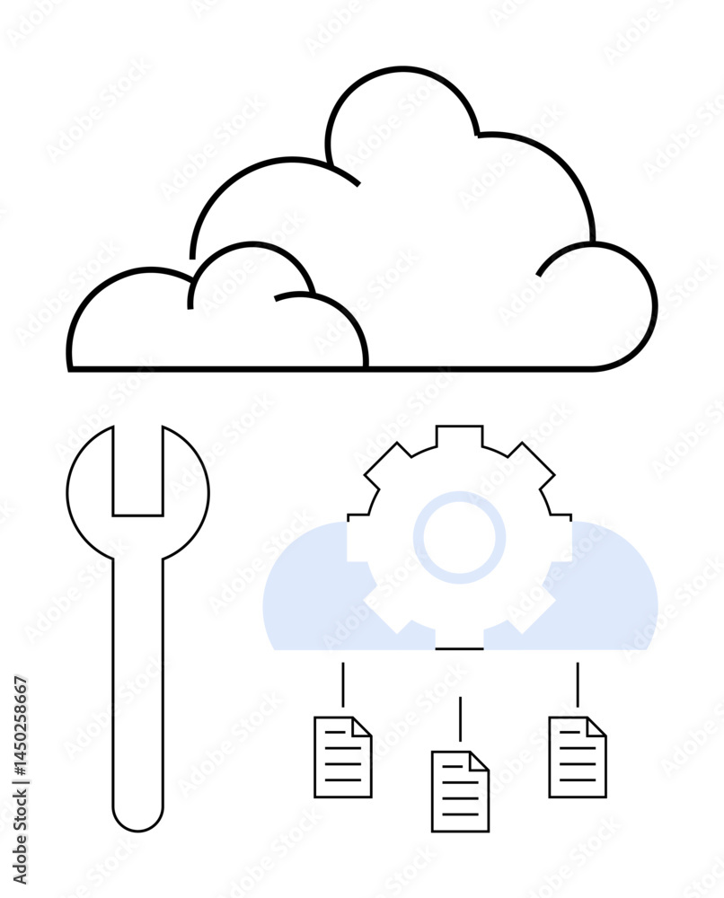 Poster cloud outline with a gear and wrench representing settings and maintenance, linked to document icons
